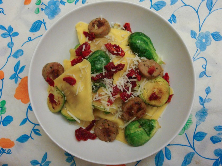 Butternut Squash Ravioli with Chicken Sausage and Brussels Sprouts