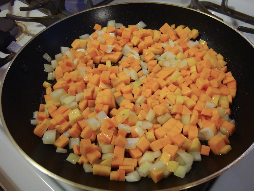Butternut Squash, Onions Cooking in Bacon Grease